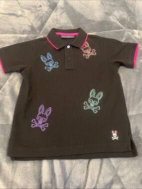 Psycho Bunny Black Polo with Neon Bunny Embroideries